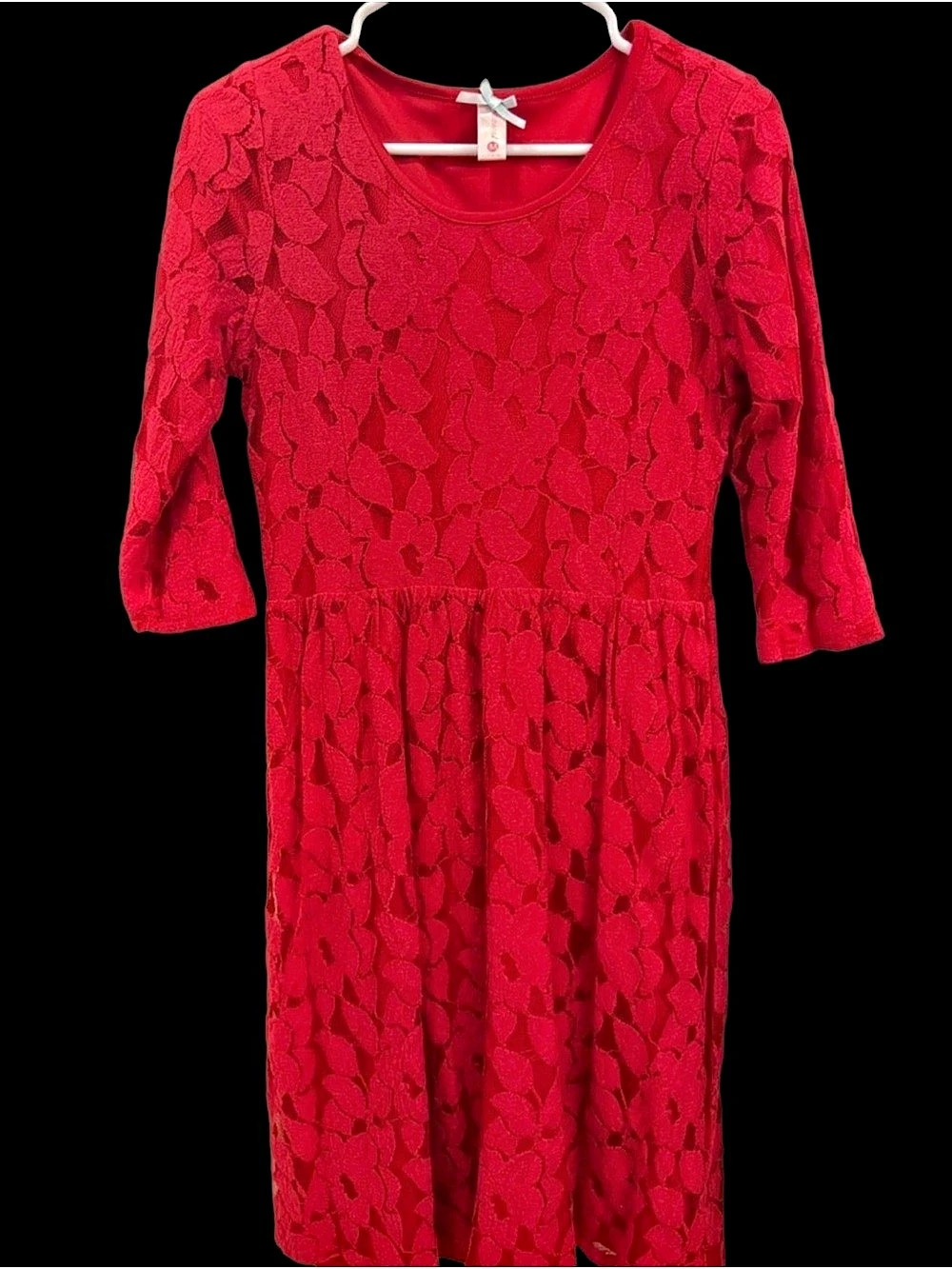 Downeast Red Floral Leaf Lace Dress Medium M 3/4 Sleeve Lined Modest Holiday